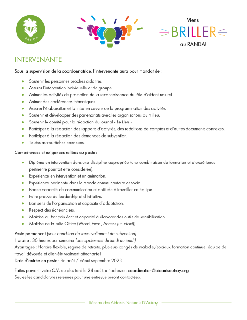 Offre d'emploi - Intervenante - RANDA